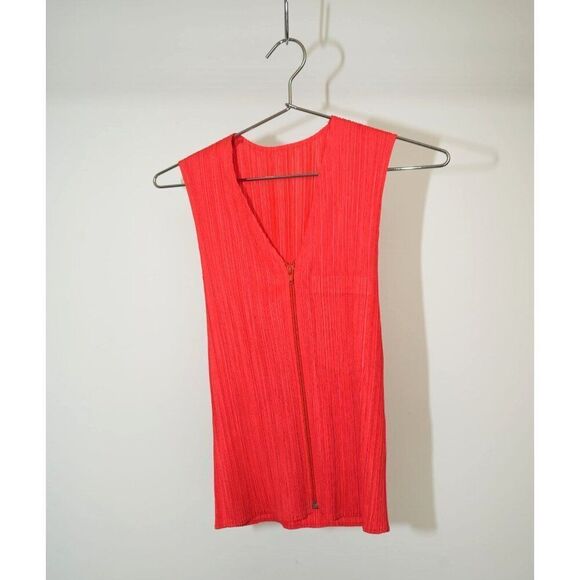 Pleats Please by Issey Miyake Zip Up Sleeveless Blouse Tops Orange 4 Women's - Picture 1 of 5